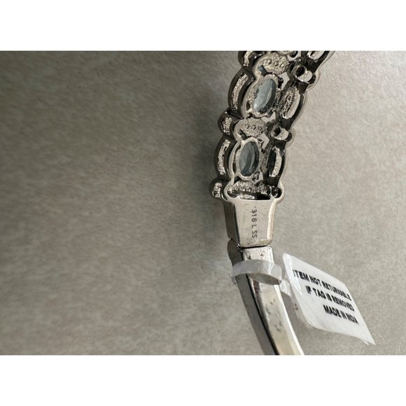 Silver tone 316 L Stainless steel light pale blue rhinestones bangle bracelet - Picture 6 of 9